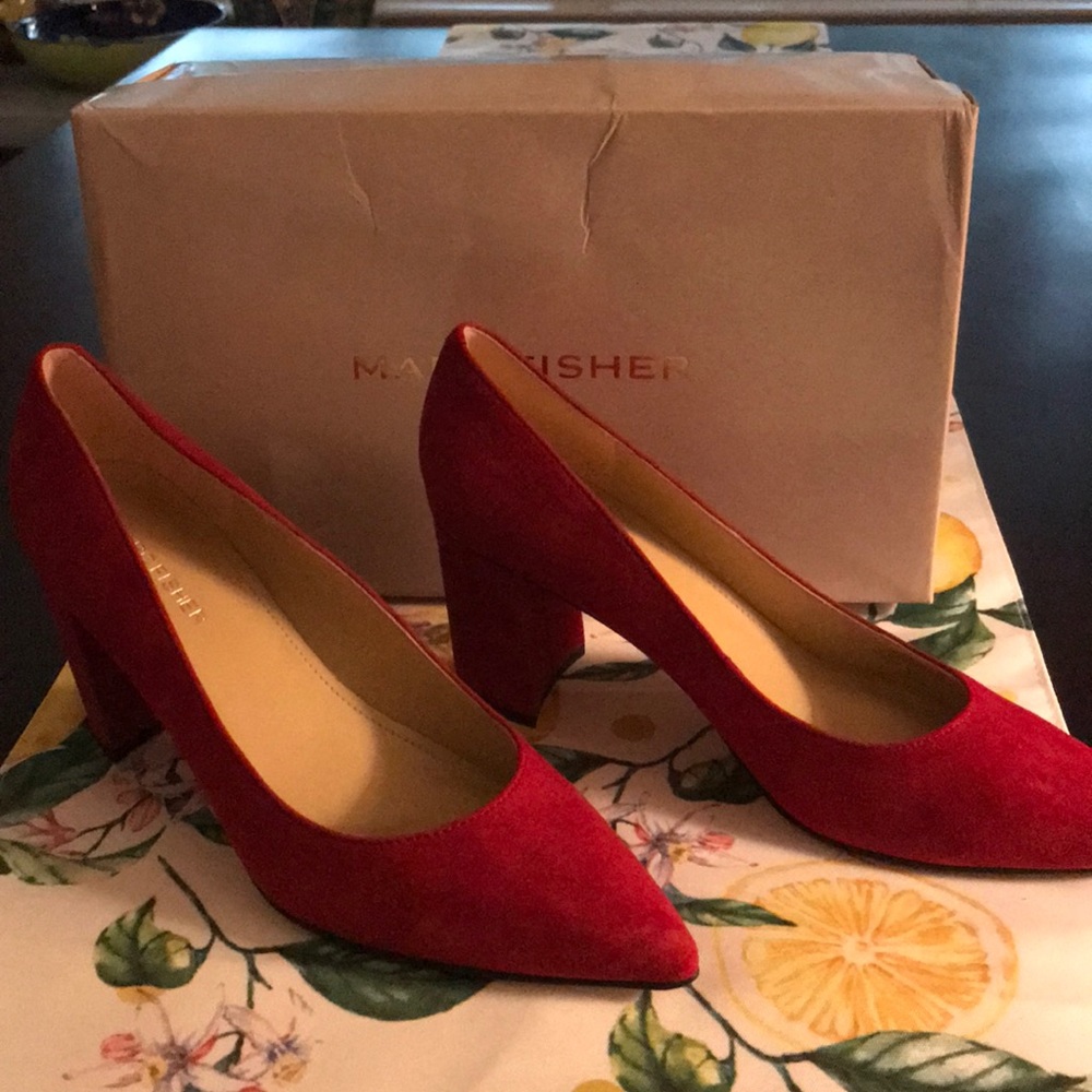 Marc Fisher gorgeous red suede block heel pumps.